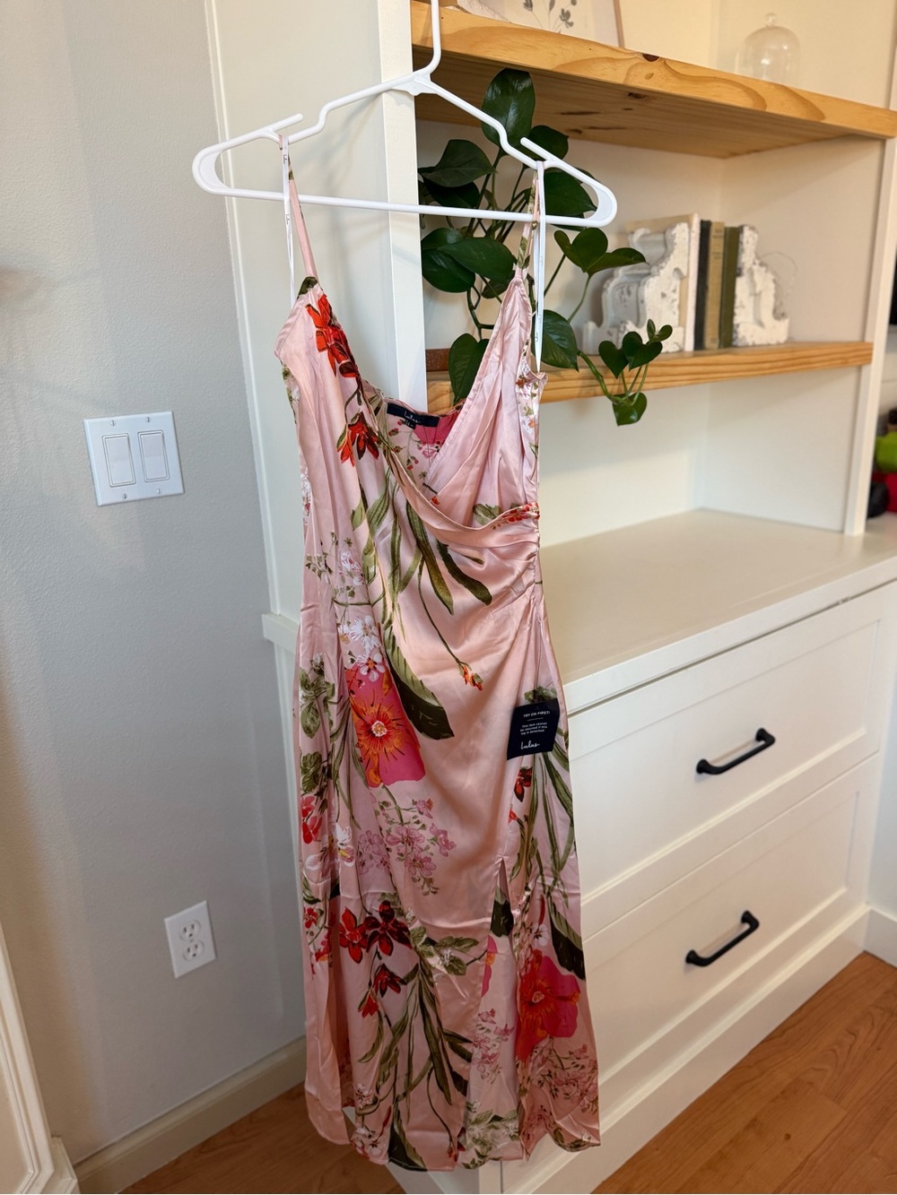 Floral Pink Satin Slip Dress with Draped Neckline